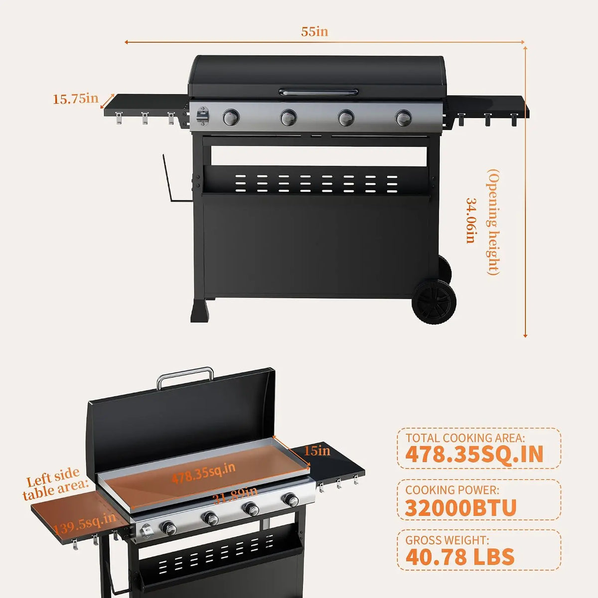 Tacleekii Four Burner Portable Propane Gas Flat Top Griddle