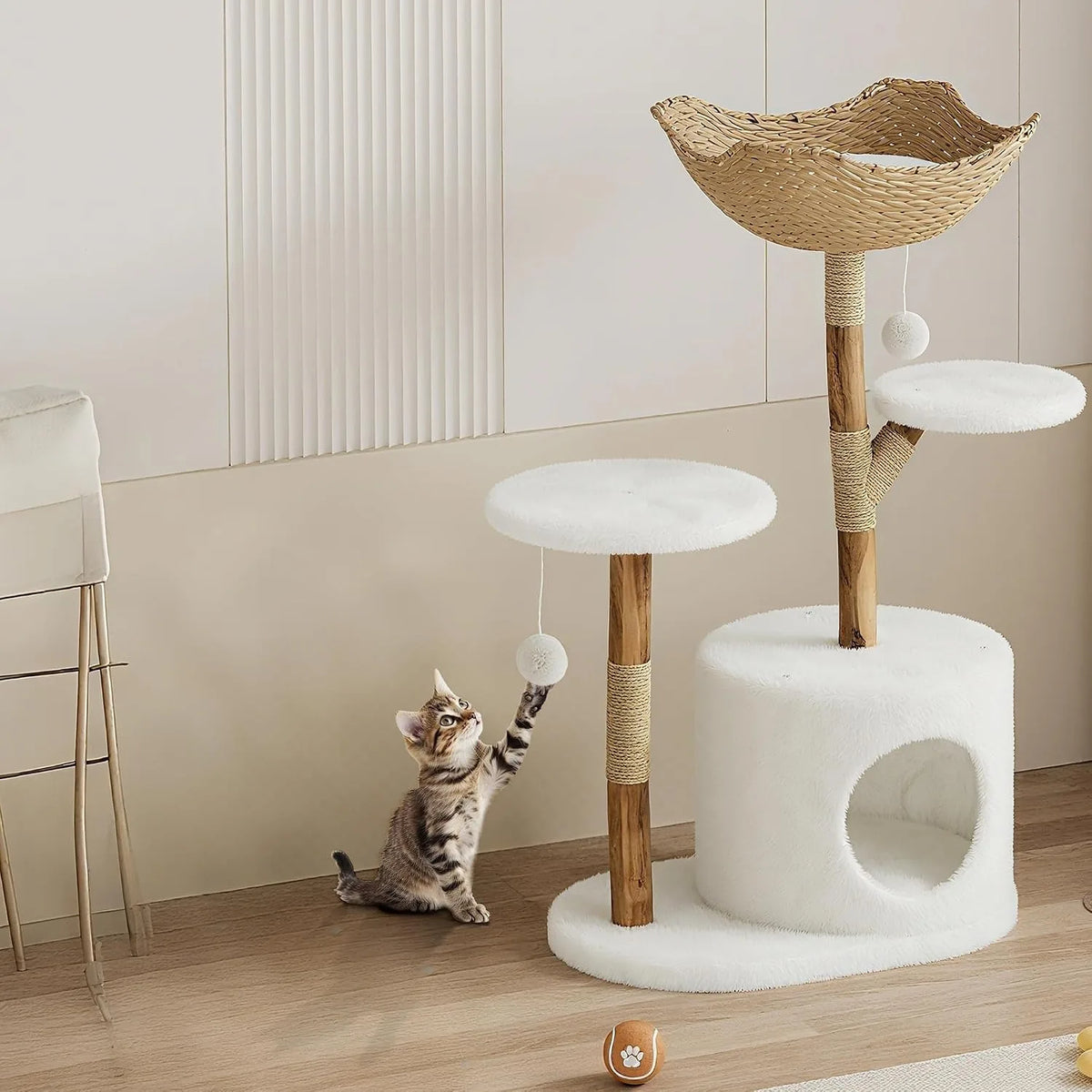 Indoor Wooden Cat Tree With Rattan Perches And Elevated Platforms