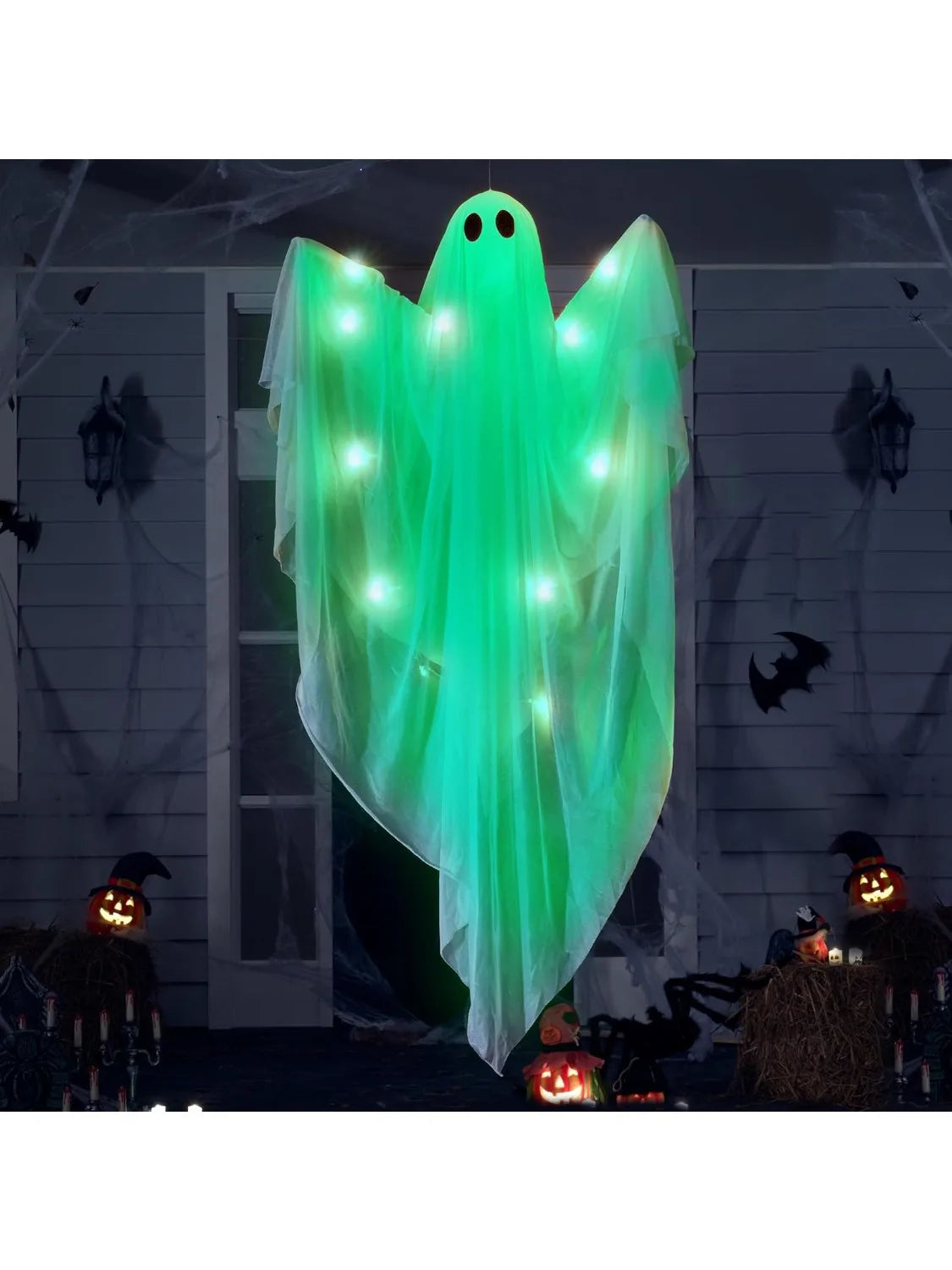 47” Halloween Hanging White Ghost Halloween Hanging Light up Ghost with Spooky Green Blue Purple LED Light Decoration for Front Yard Patio Lawn Garden Party Decor Indoor Outdoor