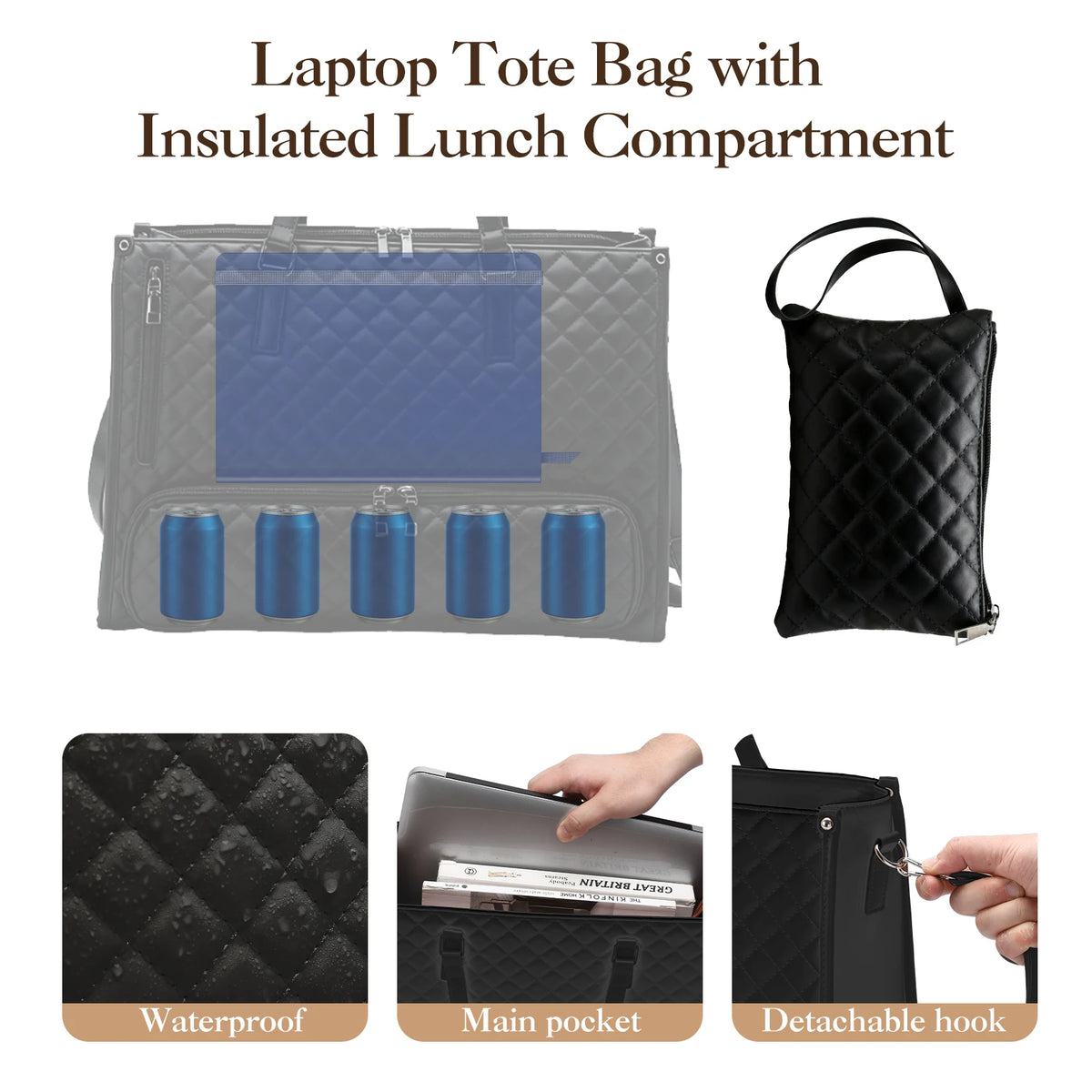 Women's Quilted Waterproof Laptop Tote With Insulated Lunch Compartment