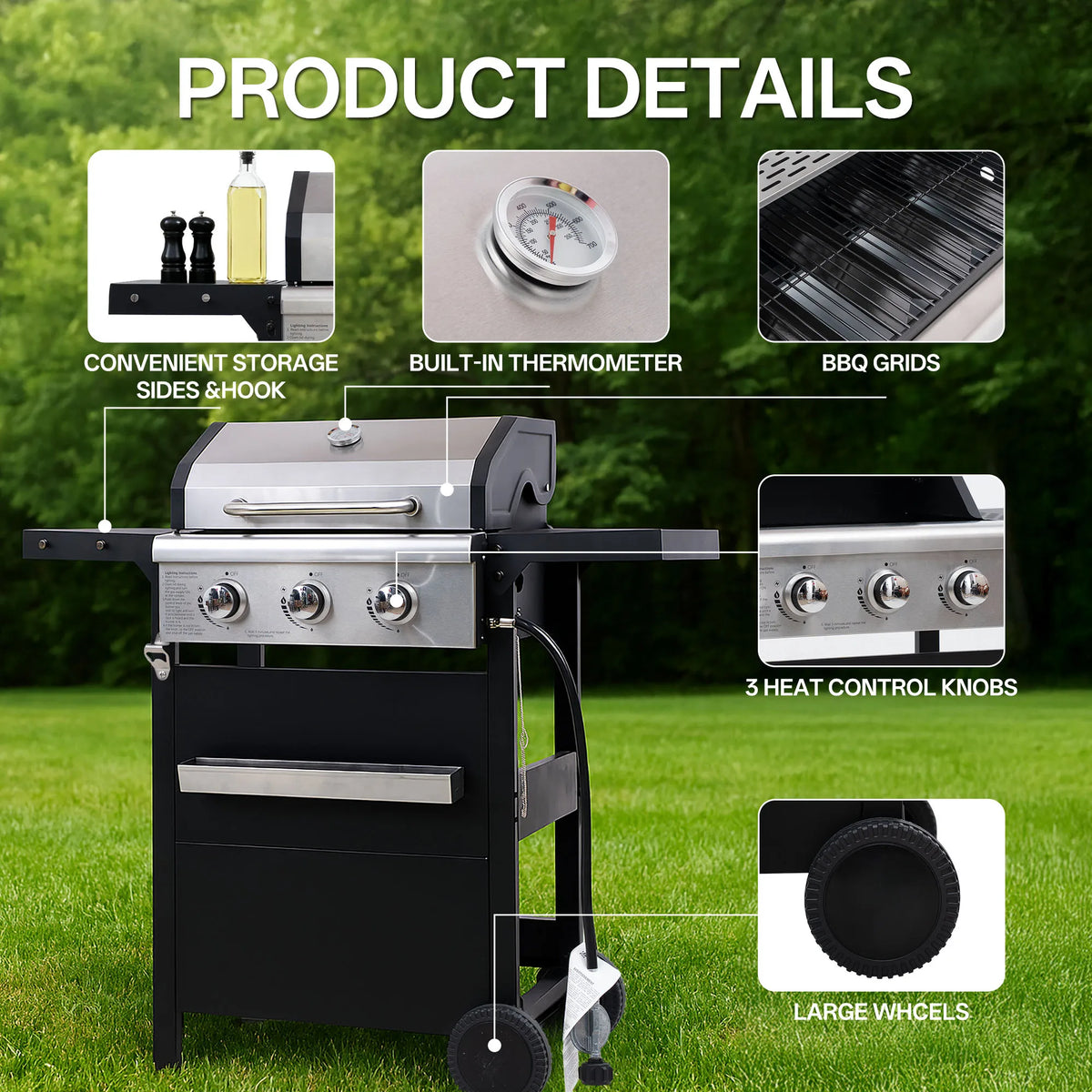 Stainless Steel Propane Grill 3 Burner Outdoor Gas Barbecue Grill with Cover for BBQ