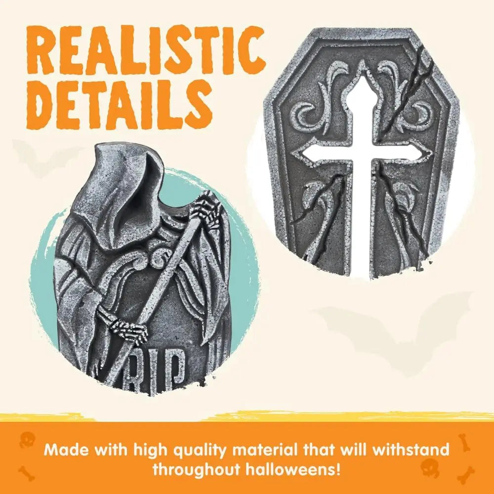 17" Halloween Graveyard Foam Headstones Halloween Decorations Outdoor Tombstones 5 Pack Decor with 12 Metal Stakes for Prop Cemetery Yard Lawn Decorations, Party Supplies