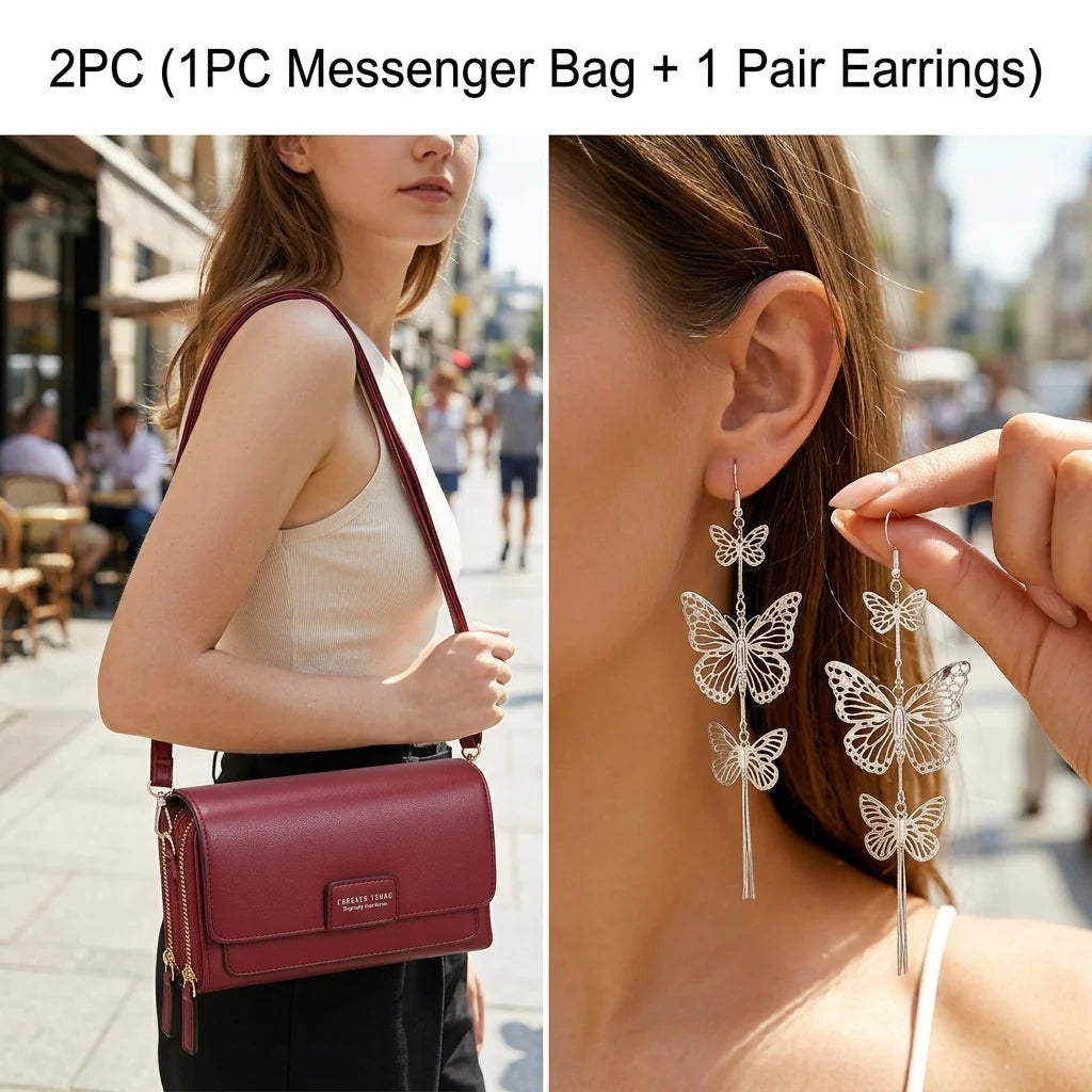 Elegant Women Crossbody Bag With Butterfly Drop Earrings
