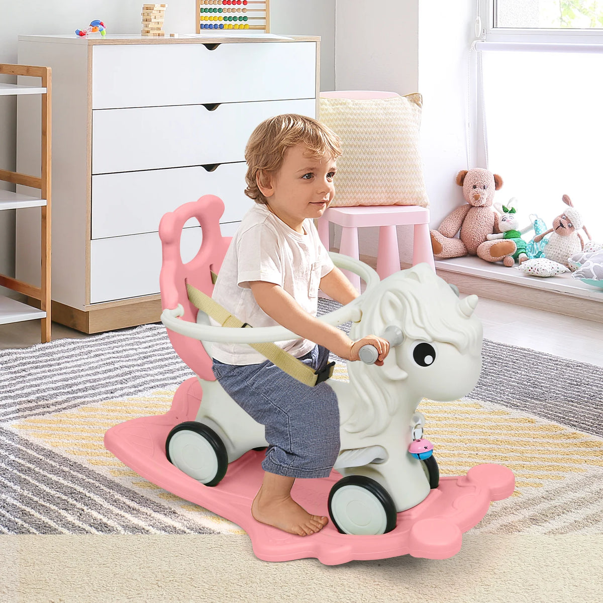 2 in 1 Toddler Rocking Horse, Unicorn Kids Ride On Toy with Safety Guardrail, Seat Belt & Wheels, Indoor Outdoor Play Gift for Boys Girls Ages 1-3
