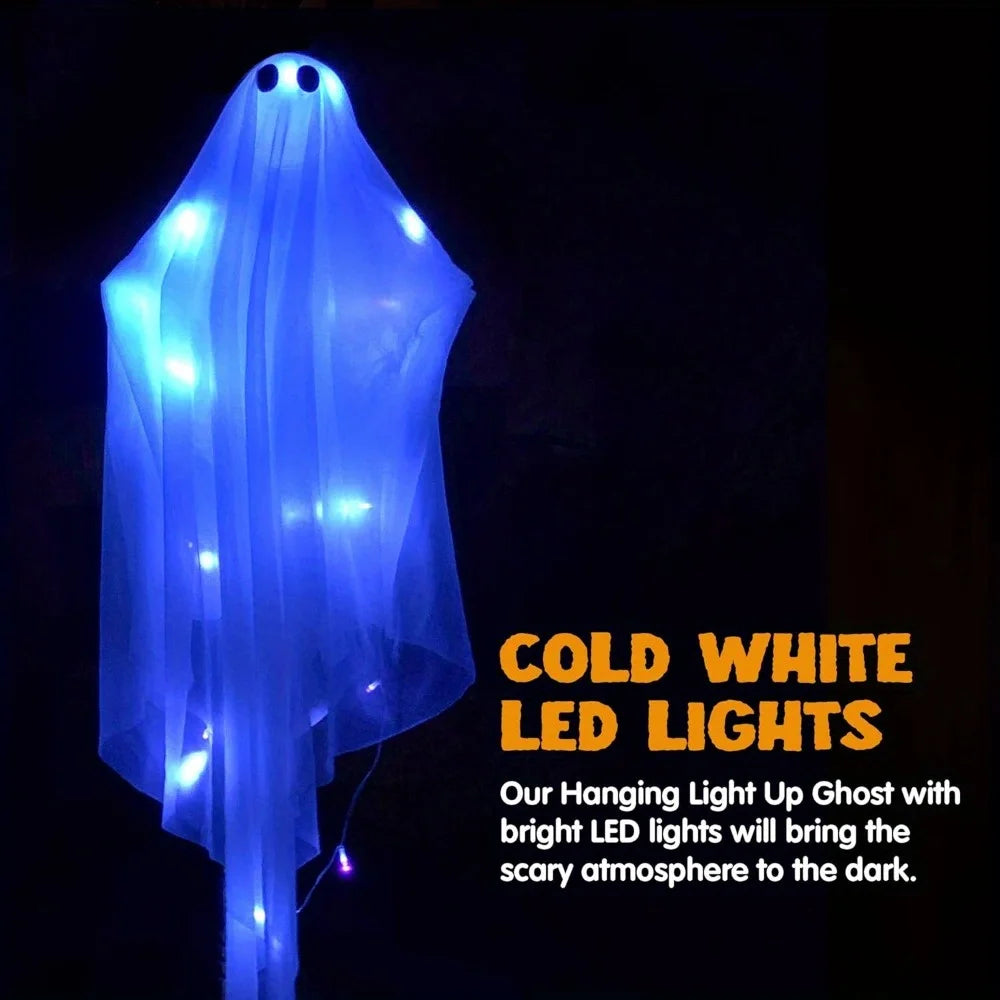 47'' White Ghosts Halloween Hanging Light up Ghost with Spooky Blue LED Light Halloween Hanging Decoration for Front Yard Patio Lawn Garden Party Decor Indoor Outdoor, Photobooth Props