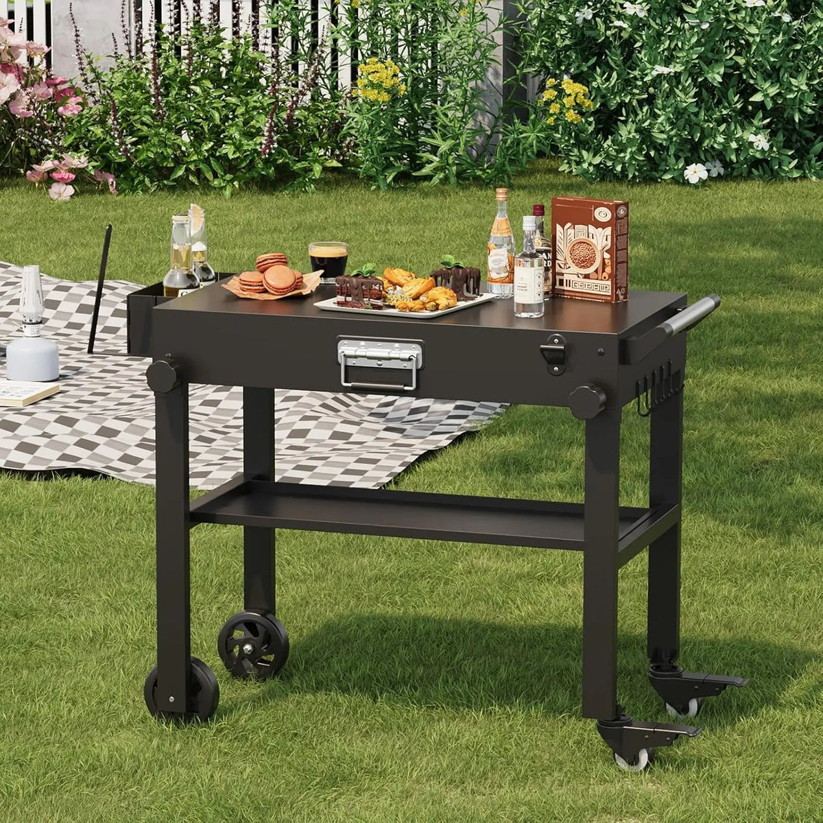 Tacleekii Folding Grill Cart with Stainless Steel Worktop and Wheels
