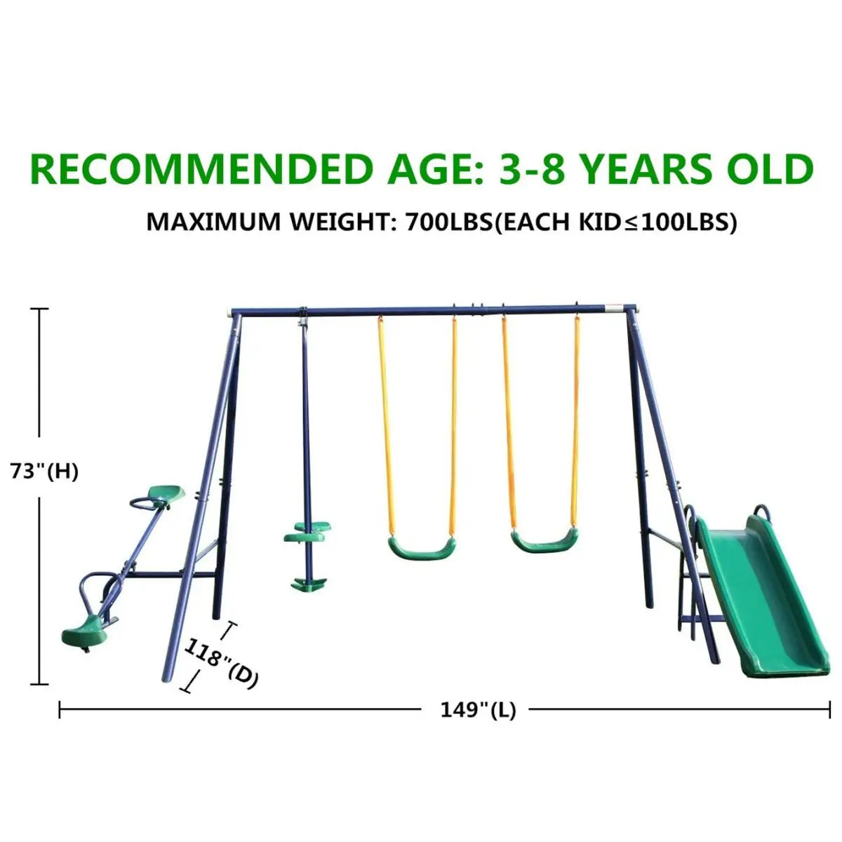 4 in 1 Swing Set With Seesaw, Belt Swing, Slide, Glider for Backyard