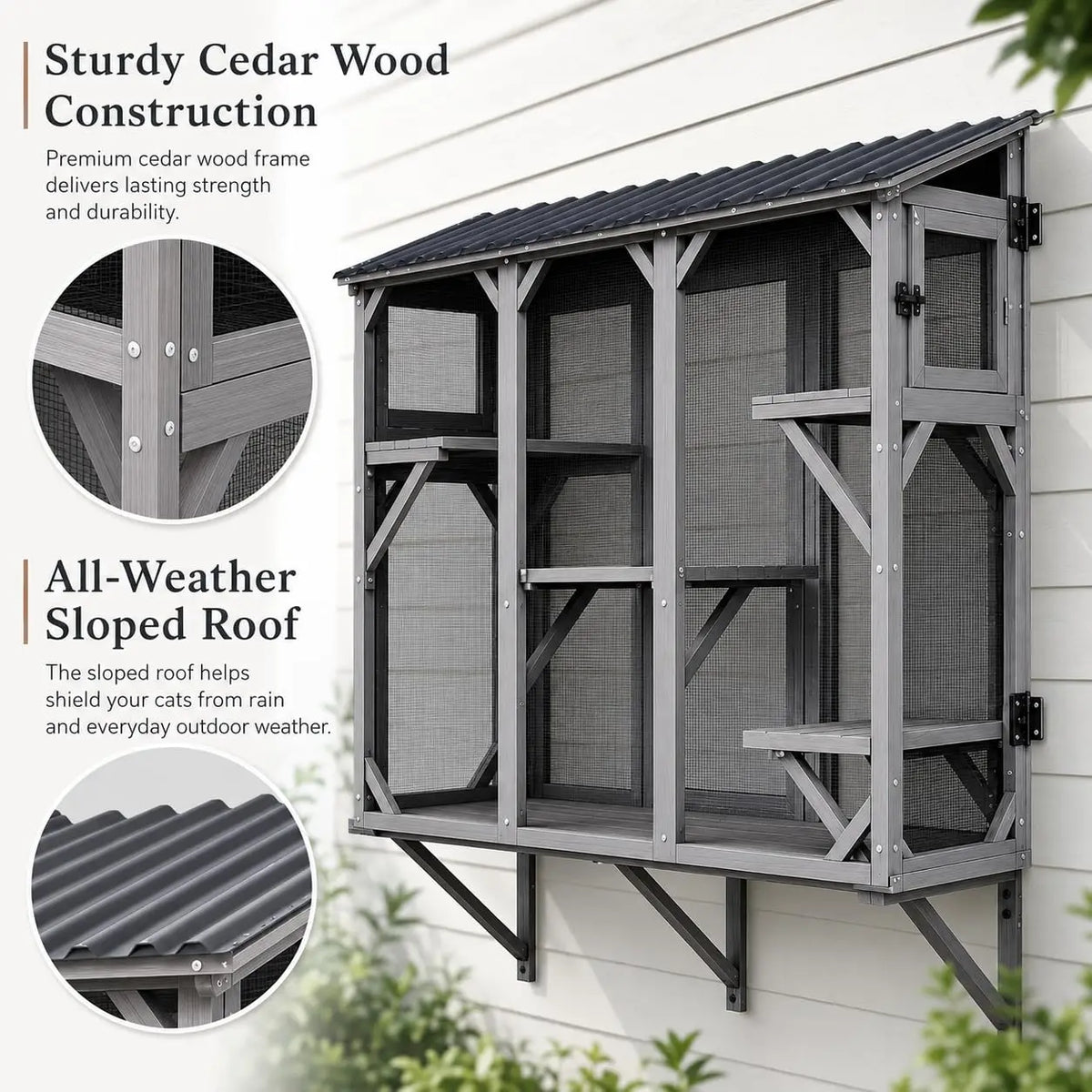 HiMISS Wooden Window Cat Enclosure With Durable Steel Mesh Roof