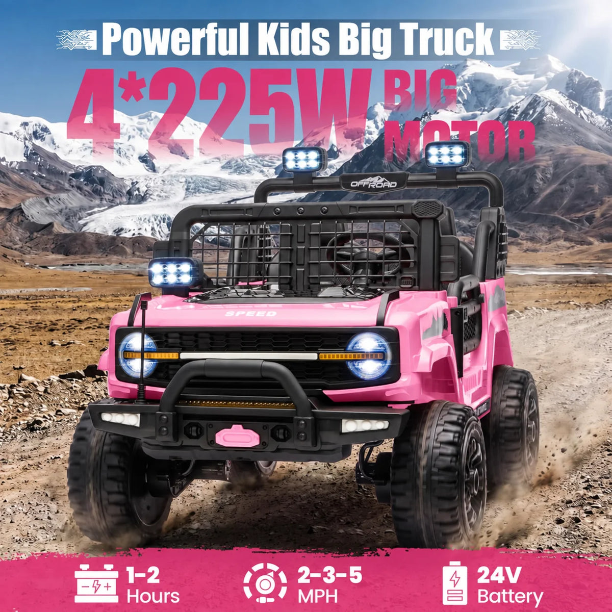 24V 2 Seater Kids Ride On Truck Off-Road Electric Vehicle with Parent Remote Control, 2-5MPH Ride On Car with Bluetooth Music LED Lights Shock Absorbers, Max Load 110Lbs Kids Toy Gift for Girls Boys
