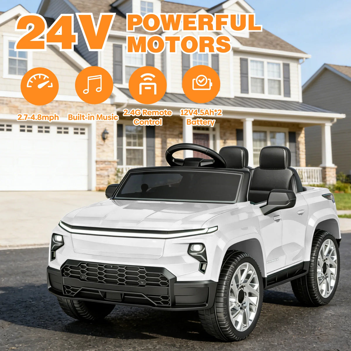 24V Ride On Toys, Licensed Chevrolet Silverado LT Trail Boss Ride-On Truck, 2-Seater Electric Car for Kids with Remote Control, Safety Belt, Truck Bed Storage, LED Lights & Music