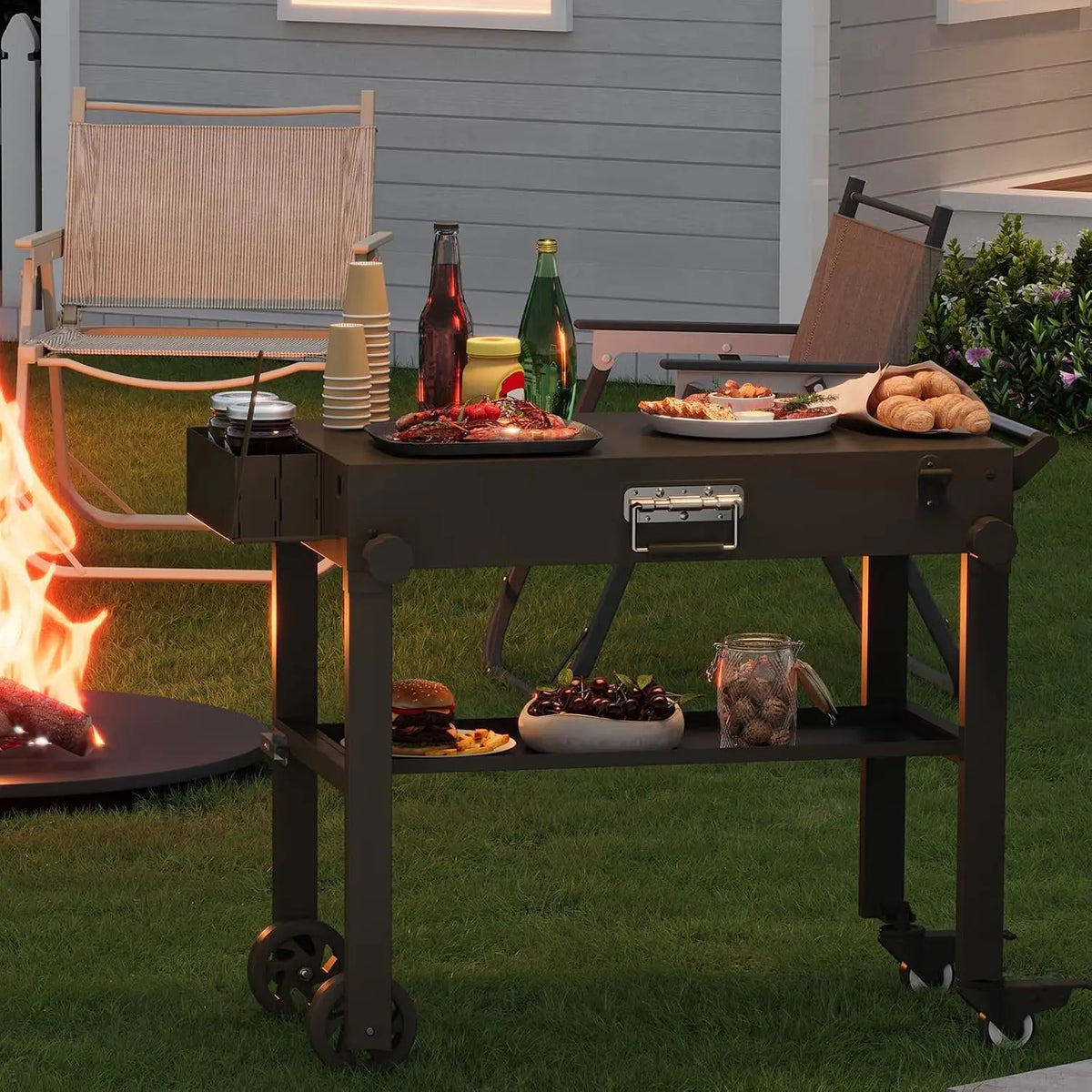 Tacleekii Folding Grill Cart with Stainless Steel Worktop and Wheels
