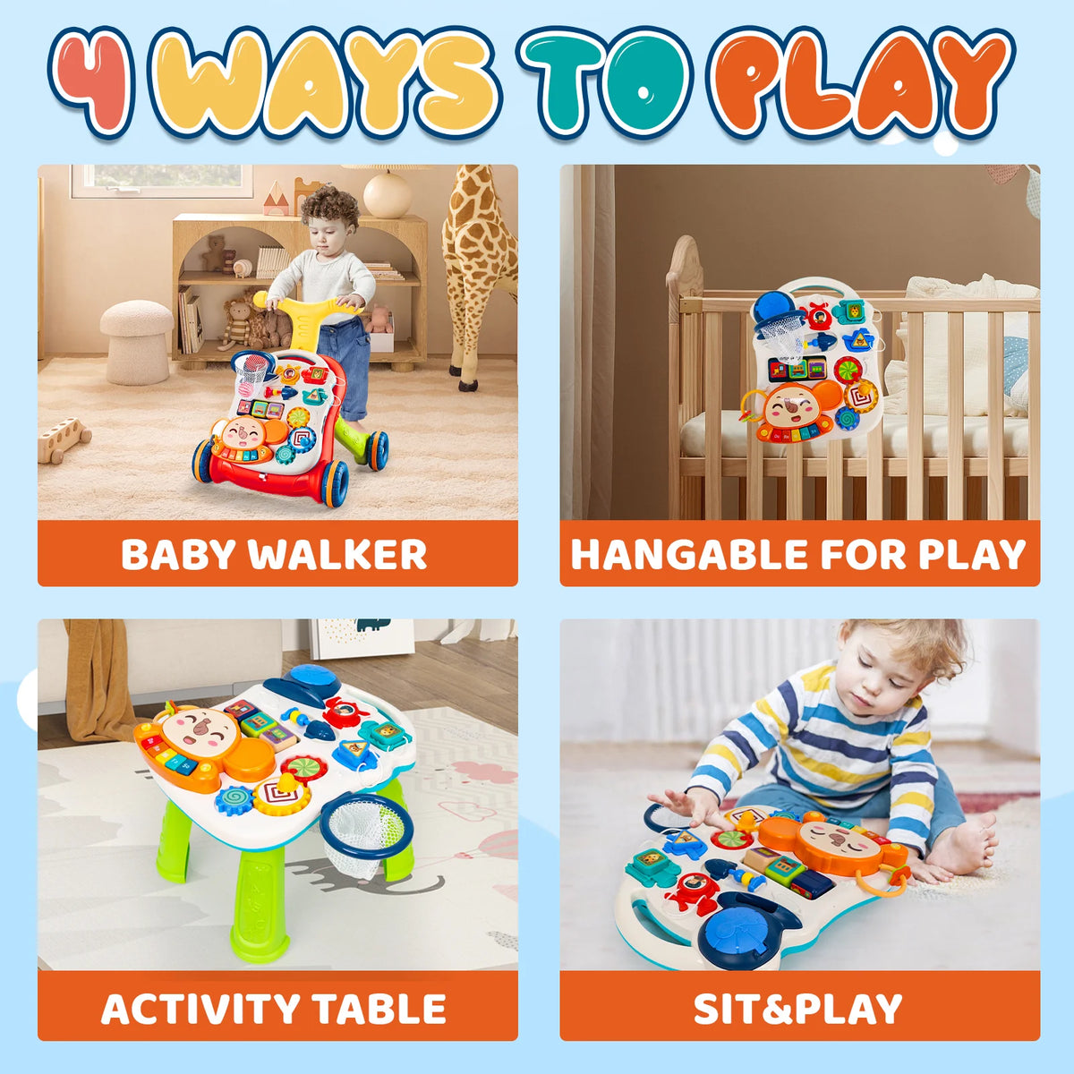 3-in-1 Multifunctional Toddler Walking Cart, Interactive Early Learning Push Toy to Help Baby Walk, Gentle Music, Adjustable Speed, Non-Slip Wheels, Educational Activity Center
