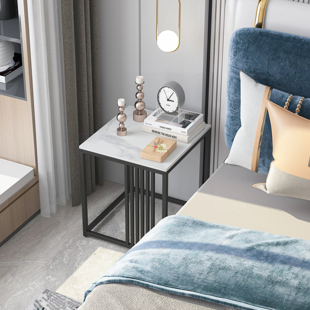 Modern Square Side Table With Metal Frame And Marble Top