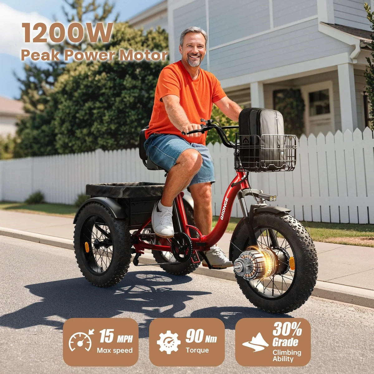 QRONGE Folding Electric Tricycle 1200W 20AH Battery Fat Tire