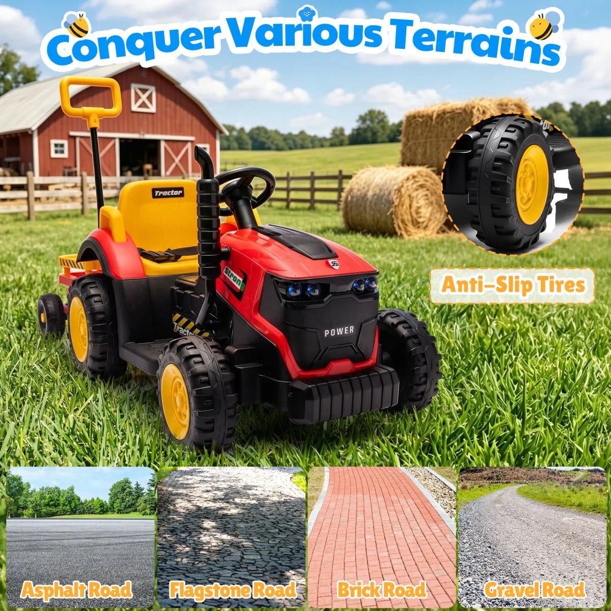 12V Kids Electric Ride On Tractor With Removable Trailer, Remote Control & Manual Drive 2 Modes, Bluetooth Music LED Light, Children Farm Ride‑on Car Toy Holiday Gift for Kids Boys Girls