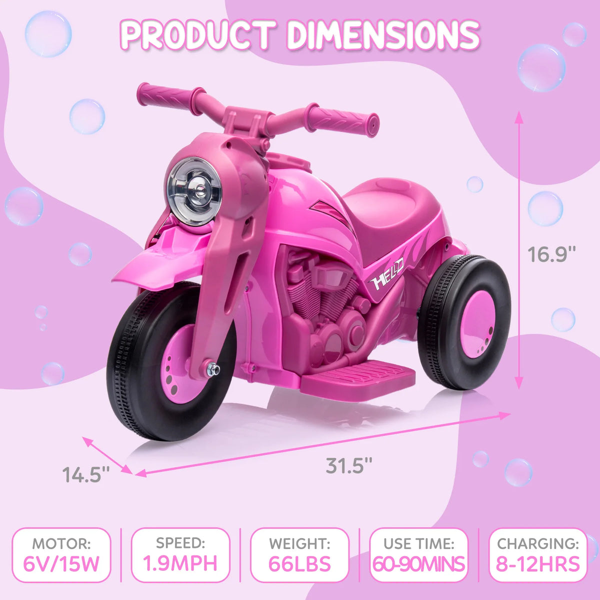 6V Kids Ride-on Bubble Motorcycle 3-Wheel Electric Toy w/LED Lights Music | 6V Rechargeable Battery, 1-Hour Playtime, Forward/Reverse Controls, LED Headlight, Music Player, 66lbs Capacity