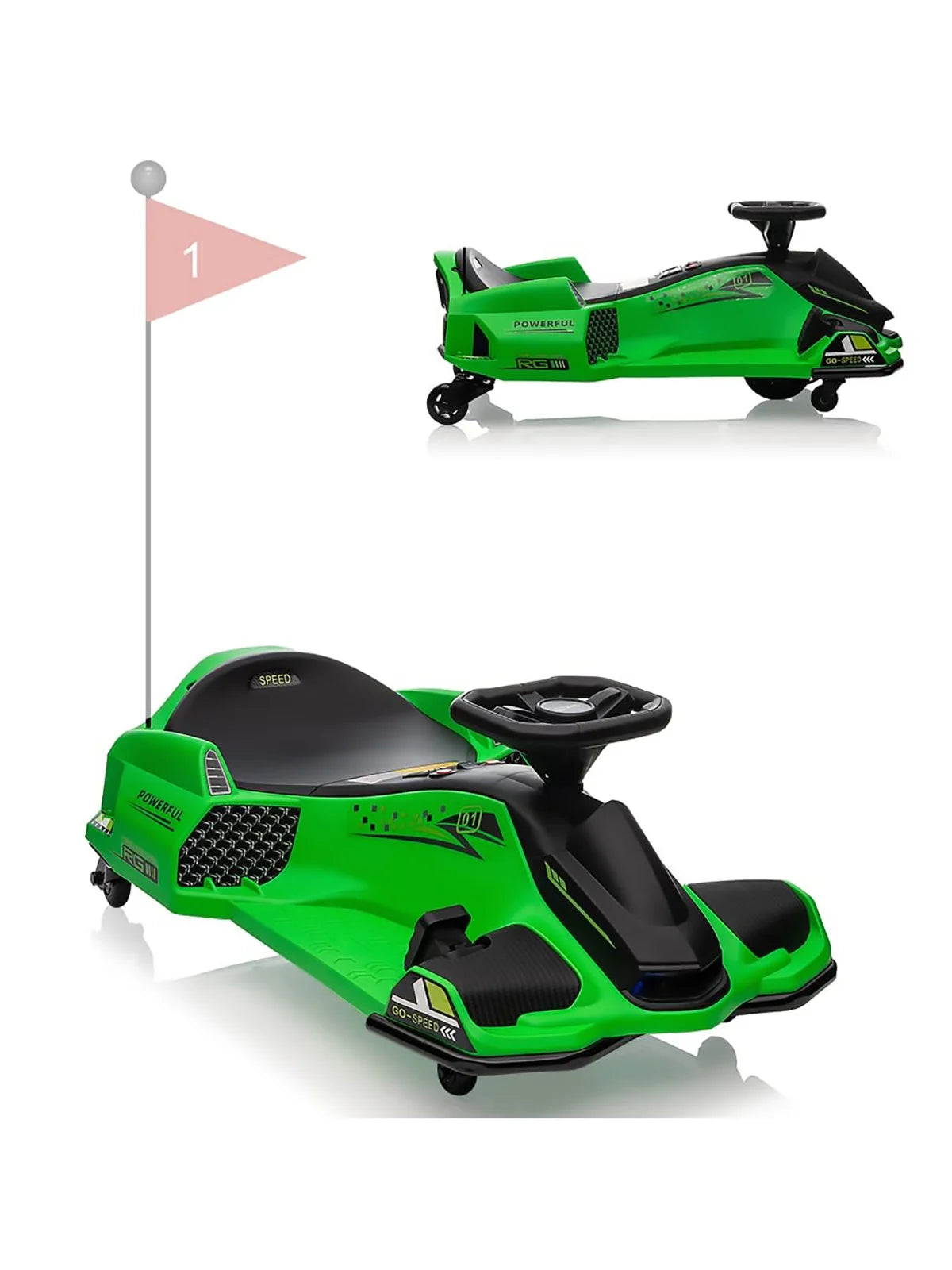 24V Kids Electric Drift Go Kart Ride-On - 180W Brushless Motor, 7Ah Battery, High/Low Adjustable Speed, 5 Wheels, LED Lights, Music, Low Battery Alarm