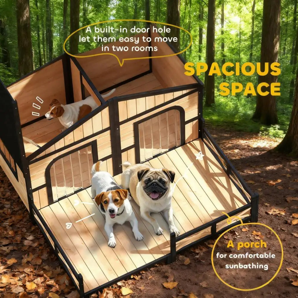 Elevated Wooden Dog House With Weatherproof Porch And Openable Roof