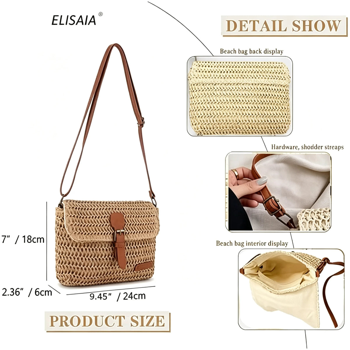 Womens Woven Straw Crossbody Bag With Flap Buckle Closure