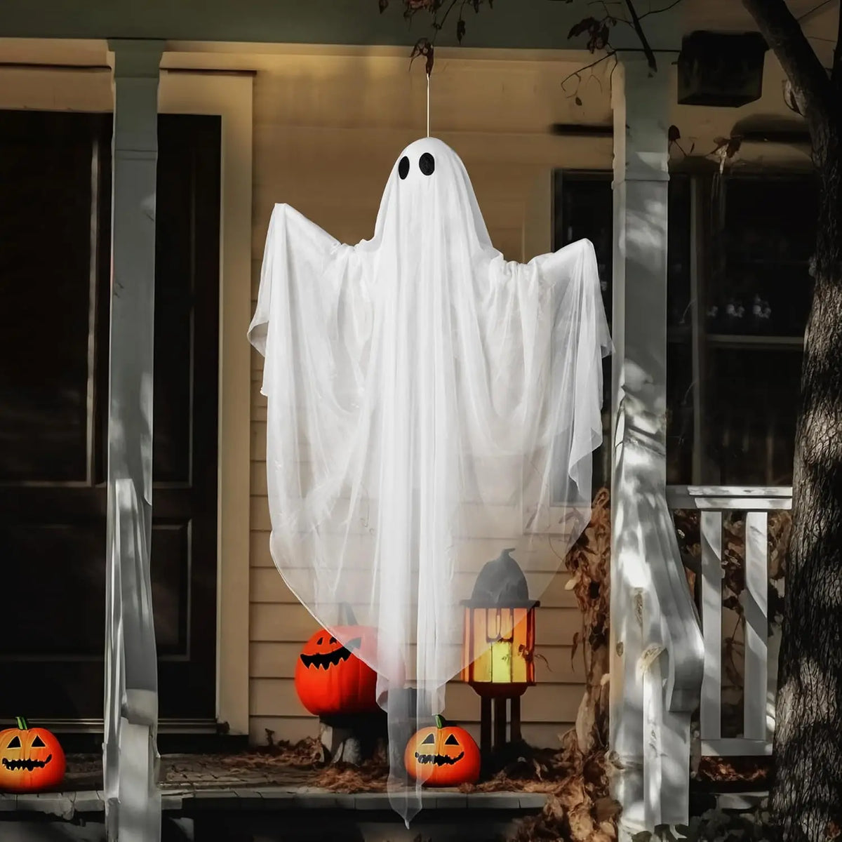 47'' White Ghosts Halloween Hanging Light up Ghost with Spooky Blue LED Light Halloween Hanging Decoration for Front Yard Patio Lawn Garden Party Decor Indoor Outdoor, Photobooth Props