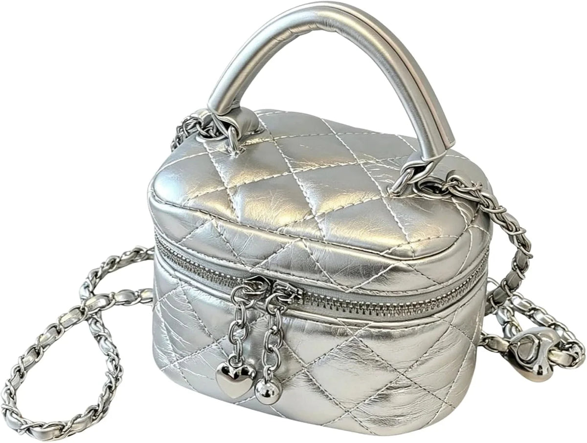 Quilted Metallic Crossbody Bag With Heart Charm Pendant