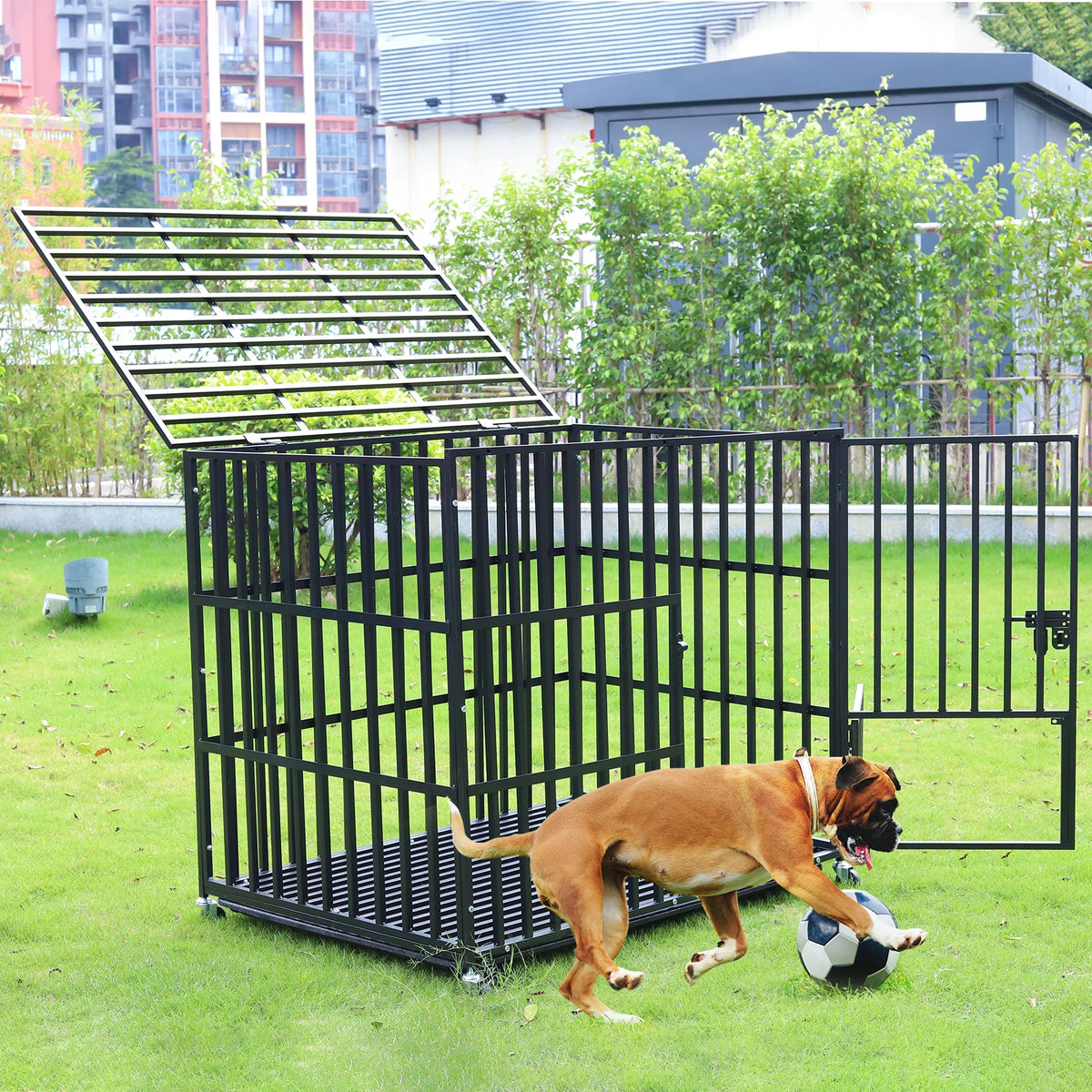 BINGOPAW Rolling Heavy Metal Dog Crate Kennel With Tray