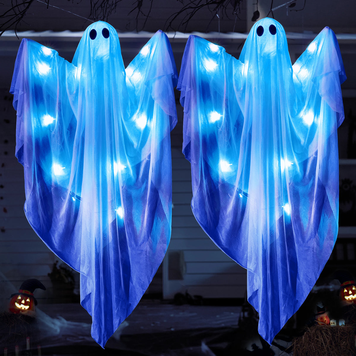 47” Halloween Hanging White Ghost Halloween Hanging Light up Ghost with Spooky Green Blue Purple LED Light Decoration for Front Yard Patio Lawn Garden Party Decor Indoor Outdoor