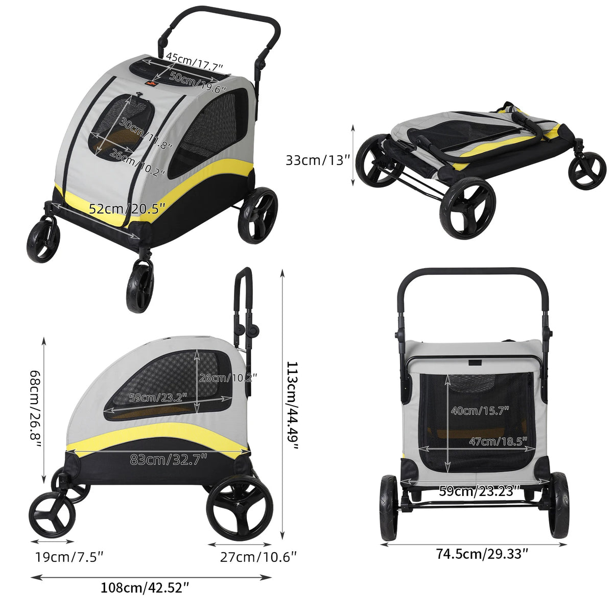 Four Wheeled Foldable Pet Stroller With Breathable Mesh Panels