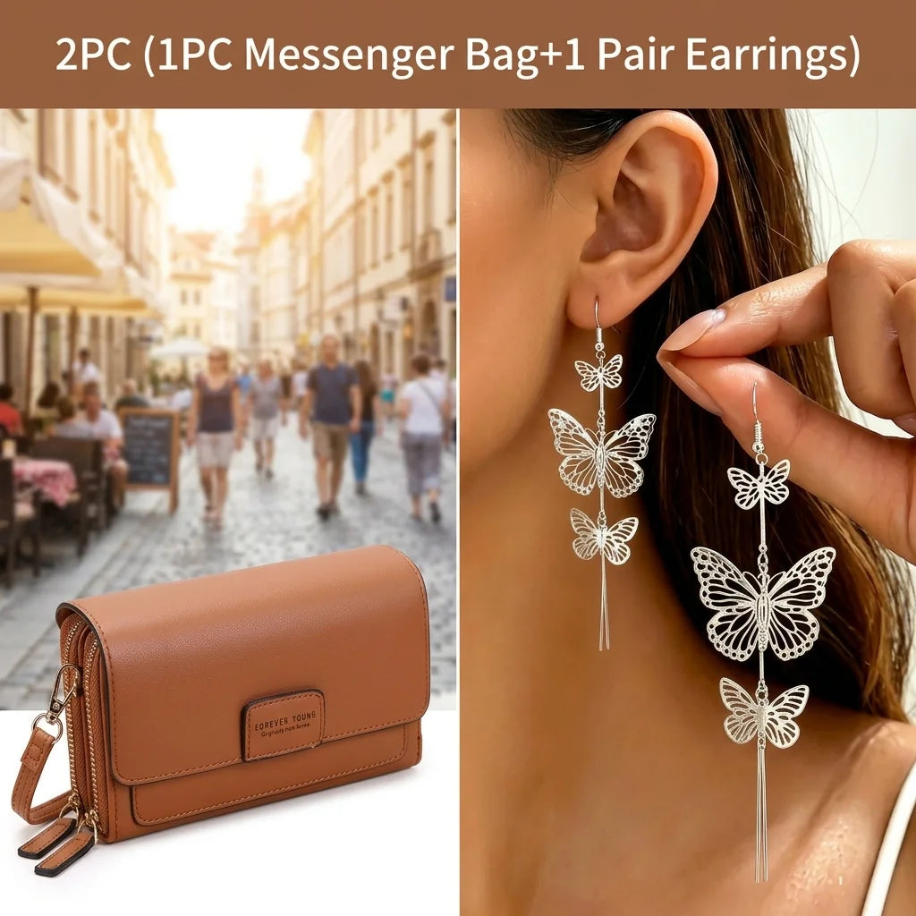 Elegant Women Crossbody Bag With Butterfly Drop Earrings