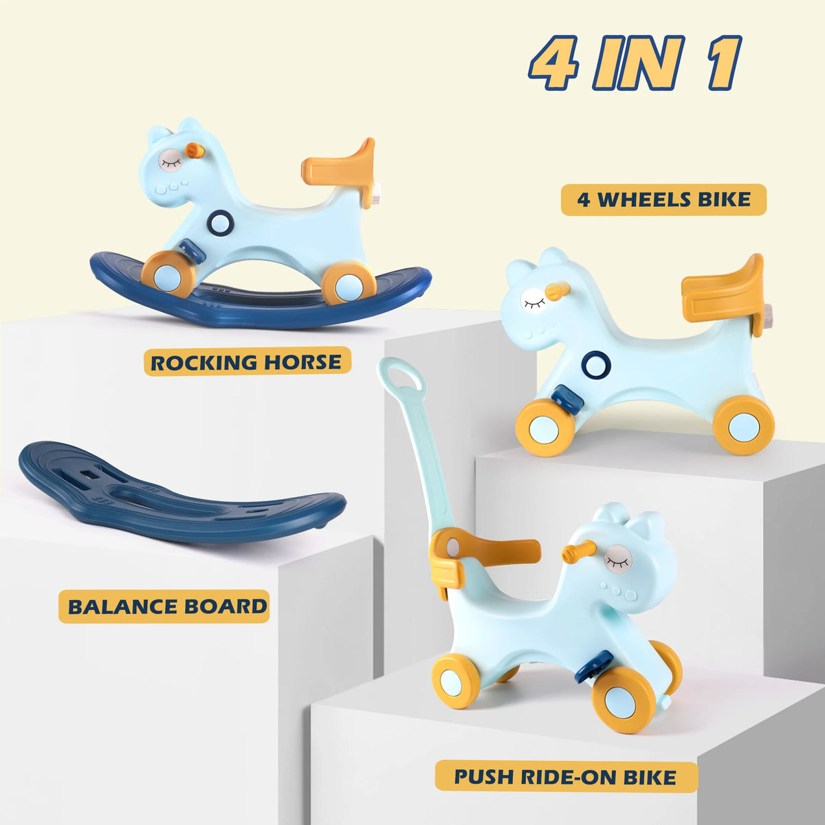 4‑in‑1 Unicorn Rocking Horse for Toddlers 1‑3 Years Old, Baby Ride On Toy, Convertible Rocker & Sliding Car with Safety Backrest, Kids Indoor Play Toy for Boys Girls Birthday Christmas Gift