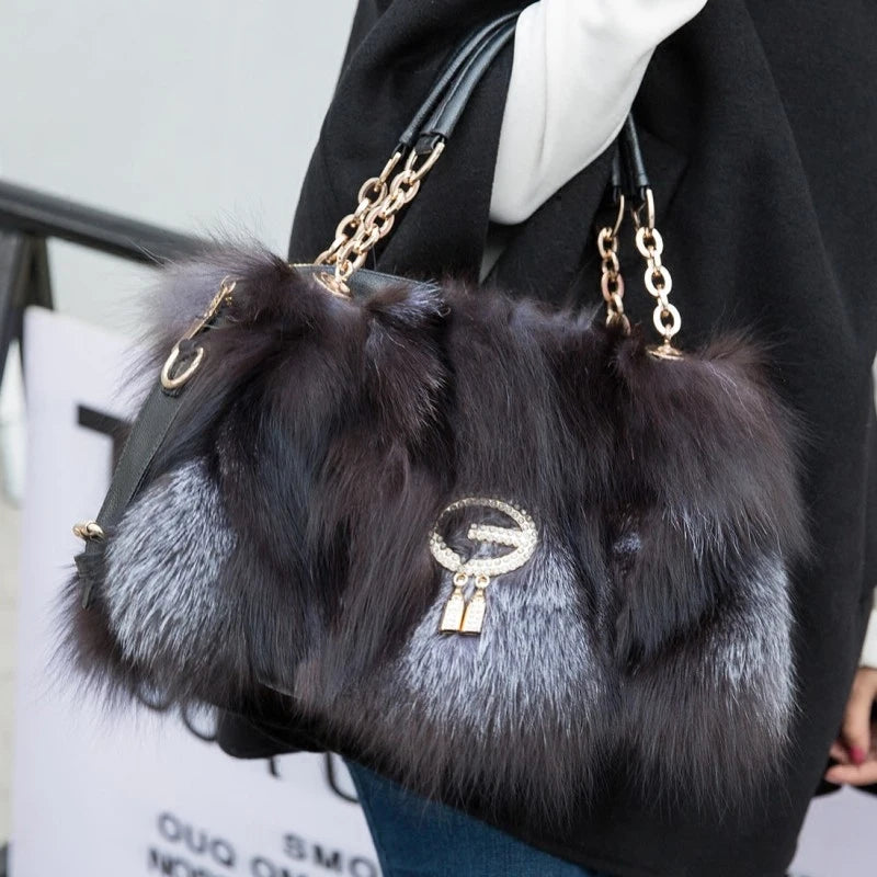 Premium Womens Real Fur Tote Bag Versatile Shoulder Underarm Handbag