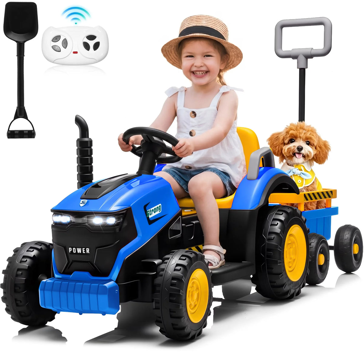 12V Kids Electric Ride On Tractor With Removable Trailer, Remote Control & Manual Drive 2 Modes, Bluetooth Music LED Light, Children Farm Ride‑on Car Toy Holiday Gift for Kids Boys Girls