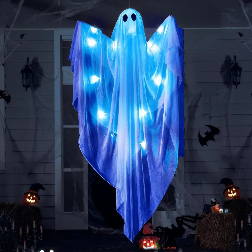 47'' White Ghosts Halloween Hanging Light up Ghost with Spooky Blue LED Light Halloween Hanging Decoration for Front Yard Patio Lawn Garden Party Decor Indoor Outdoor, Photobooth Props