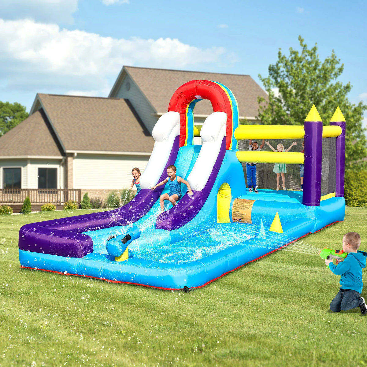 23FT Inflatable Water Slide with Splash Pool, Outdoor Water Park Slide, Heavy Duty Bounce House with Climbing Wall & Water Spray for Summer Party Family Fun