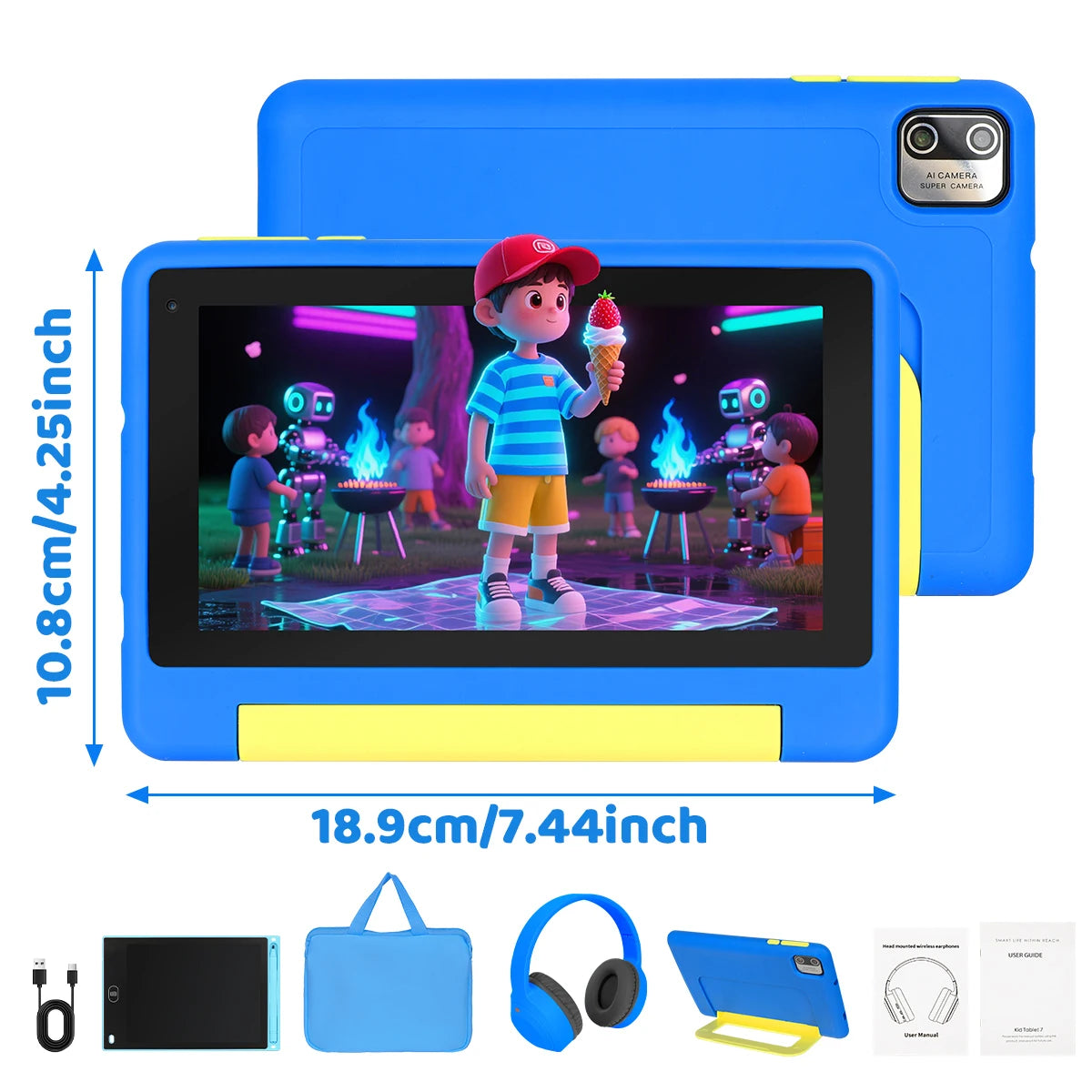 2026 NEW Bundle Kit 7 Inch Android 13 Kids Tablet Quad‑Core 8GB(2GB+6GB Expand RAM) 64GB EMMC With Headphone Storage Bag US Local Warehouse