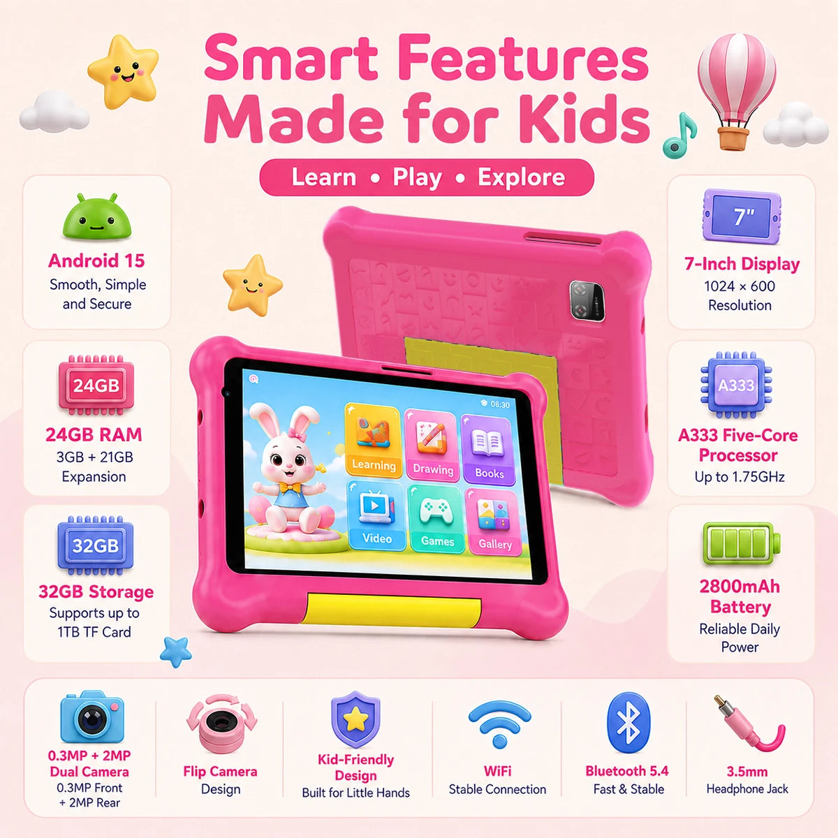 BUFO Kids Android Learning Tablet With Dual Cameras And Accessories