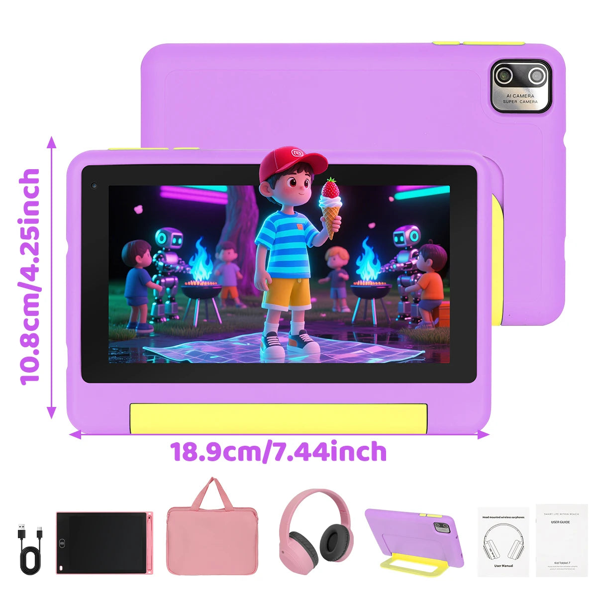2026 NEW Bundle Kit 7 Inch Android 13 Kids Tablet Quad‑Core 8GB(2GB+6GB Expand RAM) 64GB EMMC With Headphone Storage Bag US Local Warehouse