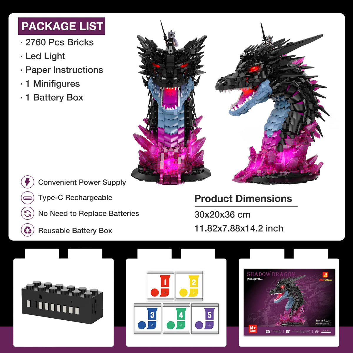JMBricklayer Shadow Dragon Head Building Set With LED Lights