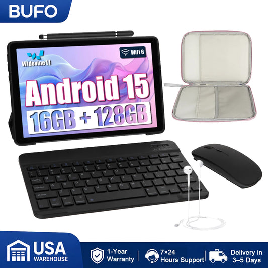 BUFO C108 Octa Core Tablet PC 10.1 Inch HD 800*1280 LCD 24GB(4G+20G Virtual RAM) 128GB EMMC Android 15 5000mAh Battery Dual Camera Support 1TB TF Expand Type-C 5V2A Tablet Optional Keyboard Mouse Storage Bag