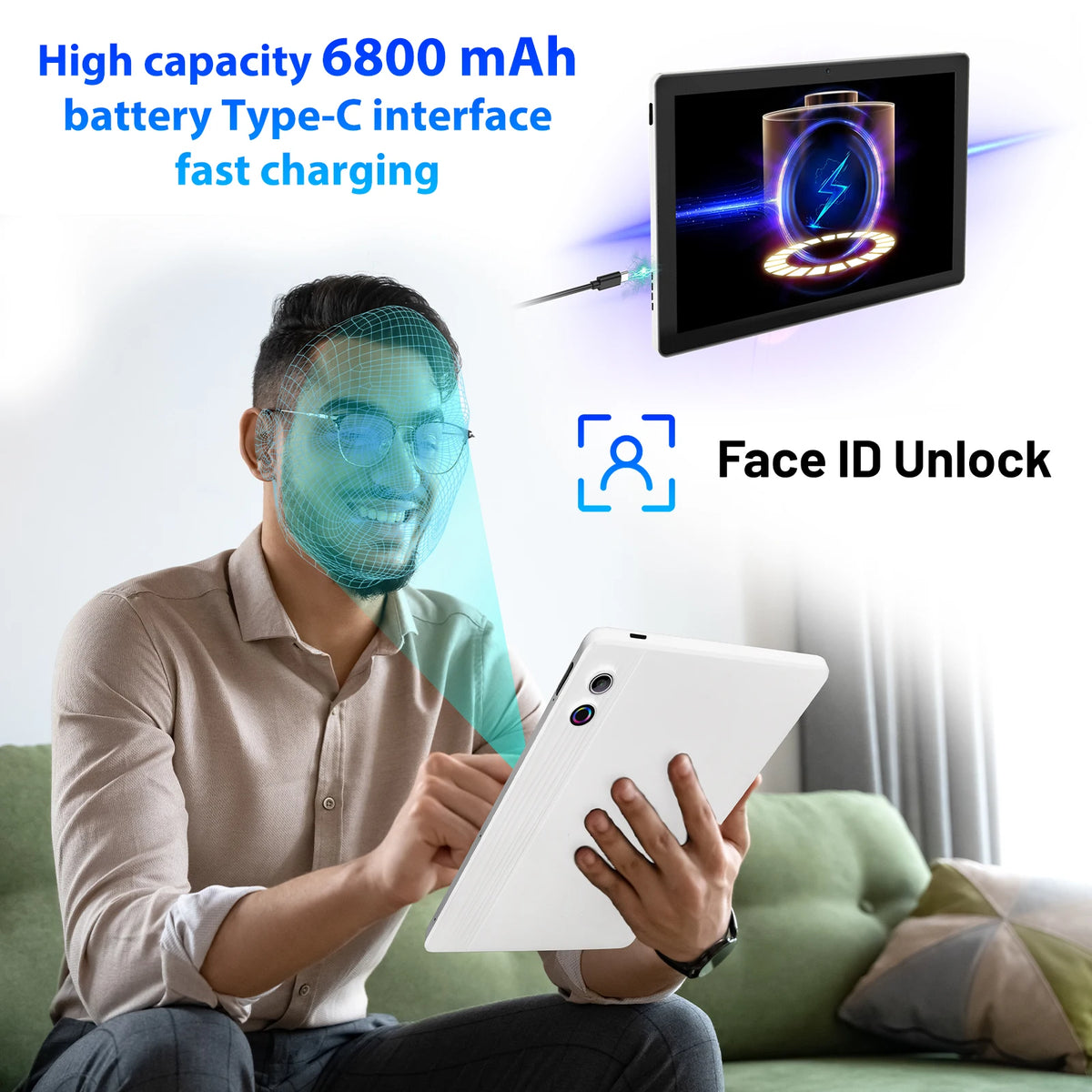 A7 Octa Core Tablet PC 10.95 Inch HD Screen Android 14 Tablet 16GB(4+12) RAM 128GB Storage Expandable 1TB TF Card 6800mAh Battery 5MP+8MP Camera Business Entertainment Tablet Black White