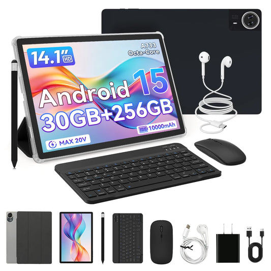 2026 new G140L 14.1 Inch Octa‑Core Android 15 Tablet 30(6+24)GB RAM 256GB ROM 1920*1200 HD Display 10000mAh Battery Widevine L1 With Keyboard Mouse Stylus Earbuds Protective Case PD30W Charger Full Bundle US Warehouse