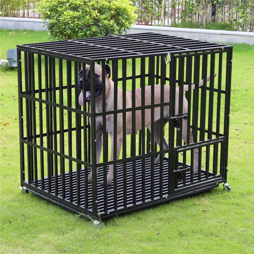 BINGOPAW Rolling Heavy Metal Dog Crate Kennel With Tray
