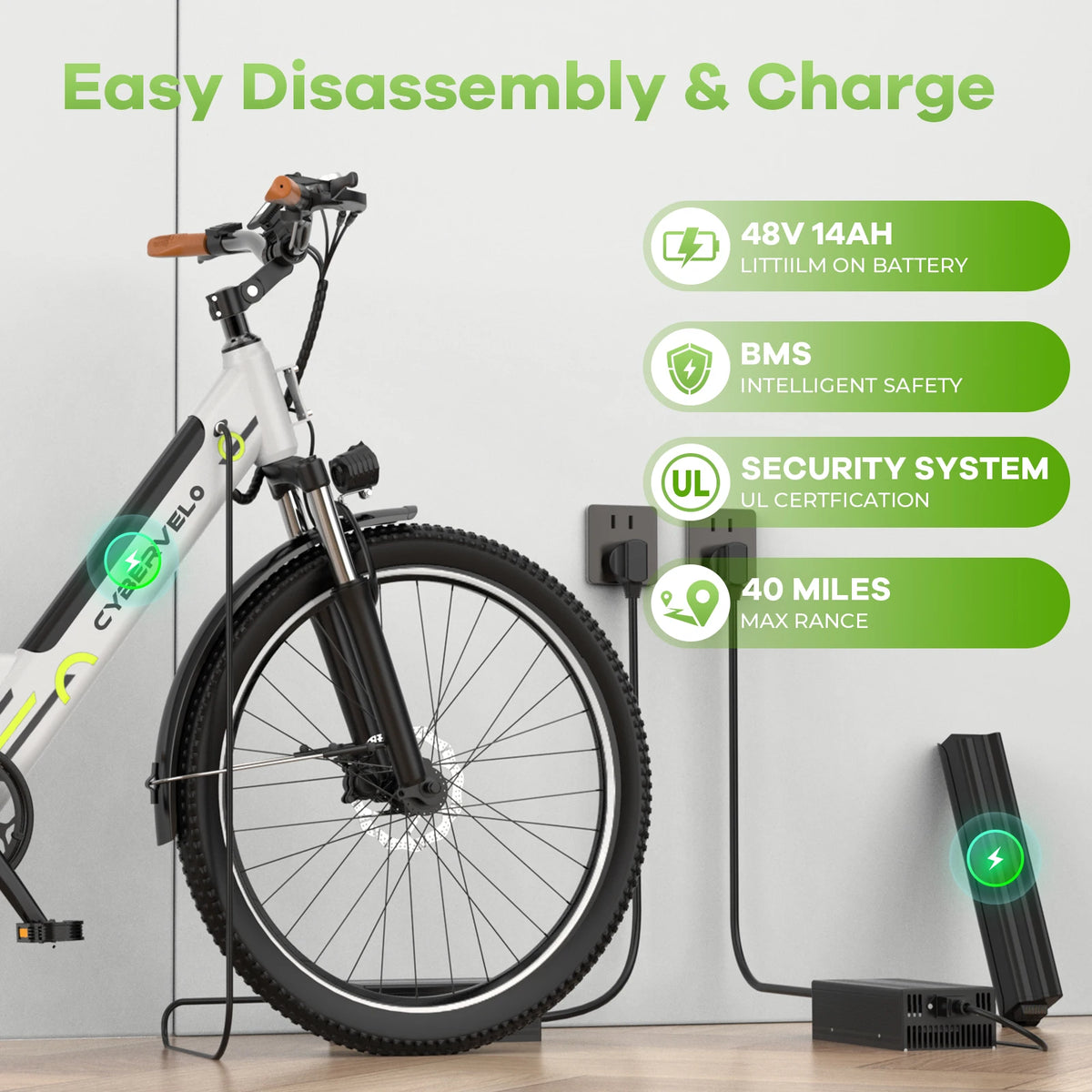 Cybervelo 1000W Peak Electric Bike With Removable Battery