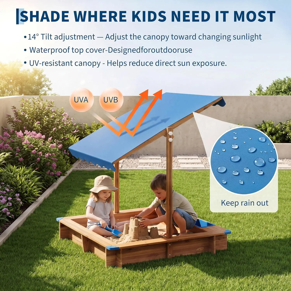 Children Outdoor Sand Pit Kids Playground Wooden Sandbox for Preschool Kindergarten Outdoor Garden Backyard Sand Play Area 2 Storage Bins, Corner Guards, Ages 3–6