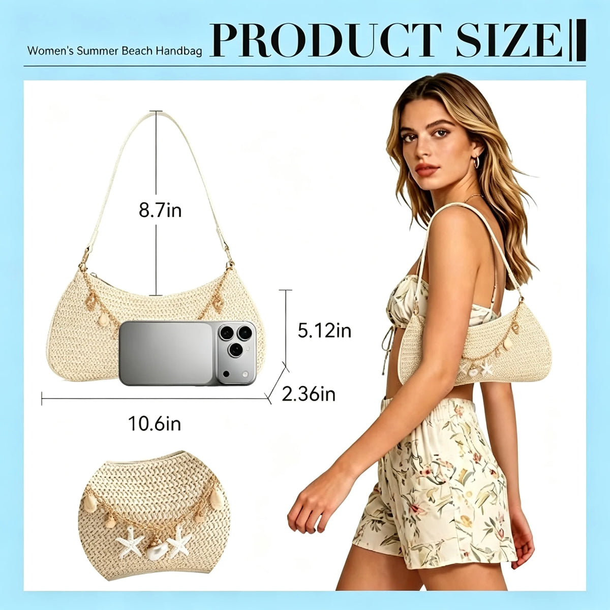 Women Woven Linen Shoulder Bag With Pearl Pendant Clasp