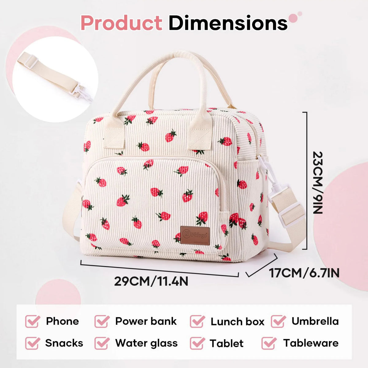 Strawberry Print Corduroy Insulated Lunch Bag With Shoulder Strap