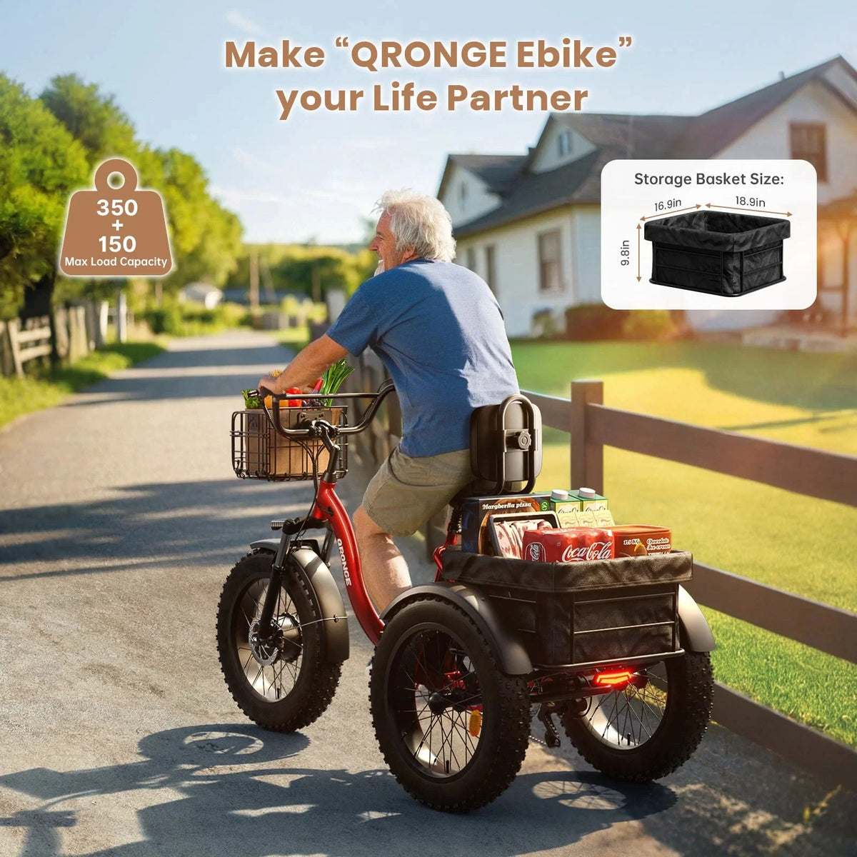 QRONGE Folding Electric Tricycle 1200W 20AH Battery Fat Tire