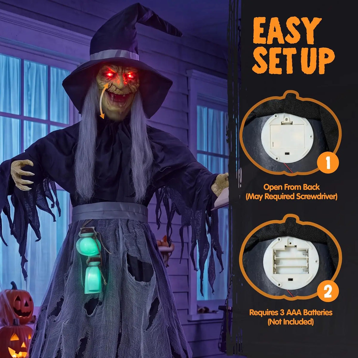 72" Halloween Decorations Outdoor Life-Size Scary Animated Witch with Spellbook, Halloween Animatronic Witch Decor with Sound Activation, Scary Haunted House Props for Garden Yard Lawn