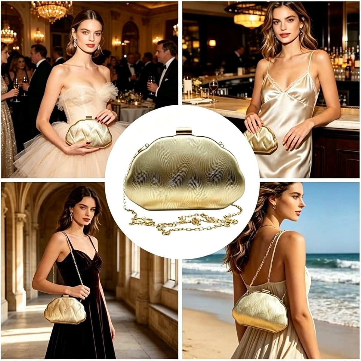 Women Cloud Shape Metallic Sequined Clutch Bag With Crossbody Chain