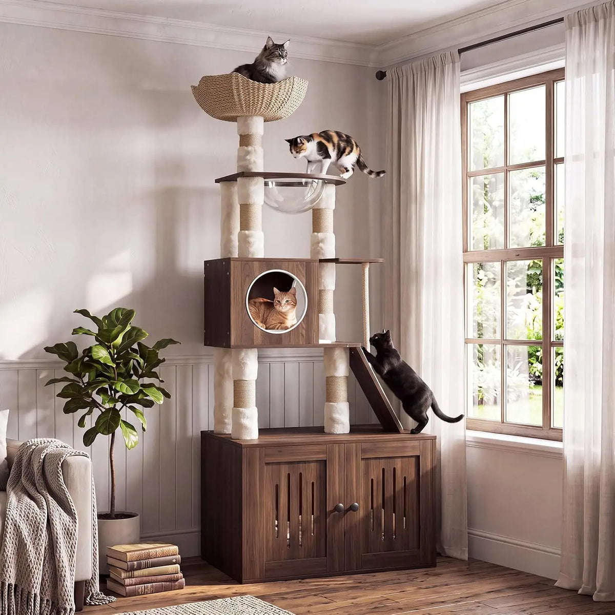 Tacleekii Multi Level Rattan Cat Condo With Space Capsule Design